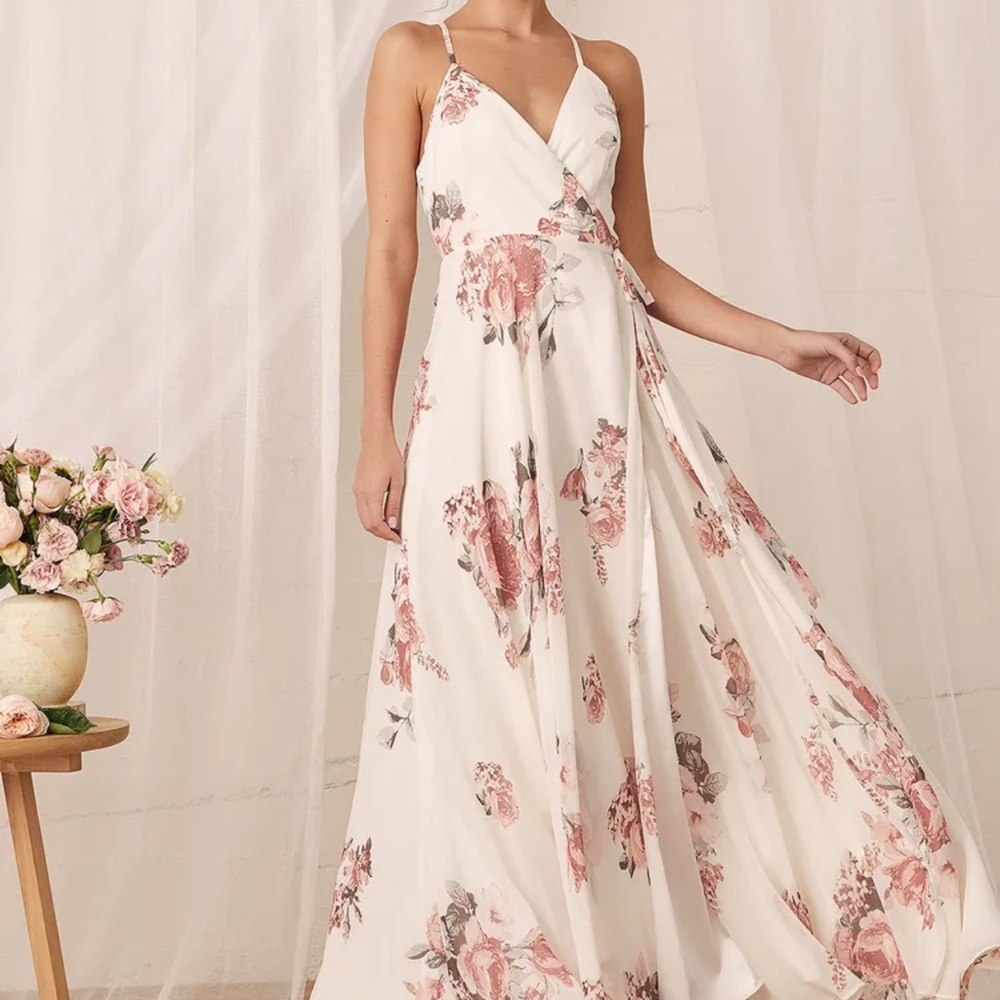 Elegantly Inclined Cream Floral Wrap Maxi Dress